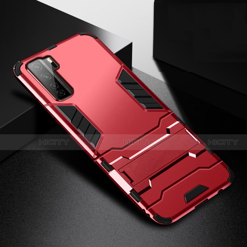 Coque Contour Silicone et Plastique Housse Etui Mat avec Support R01 pour Huawei Nova 7 SE 5G Rouge Plus