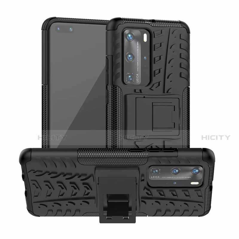 Coque Contour Silicone et Plastique Housse Etui Mat avec Support R01 pour Huawei P40 Pro Noir Plus