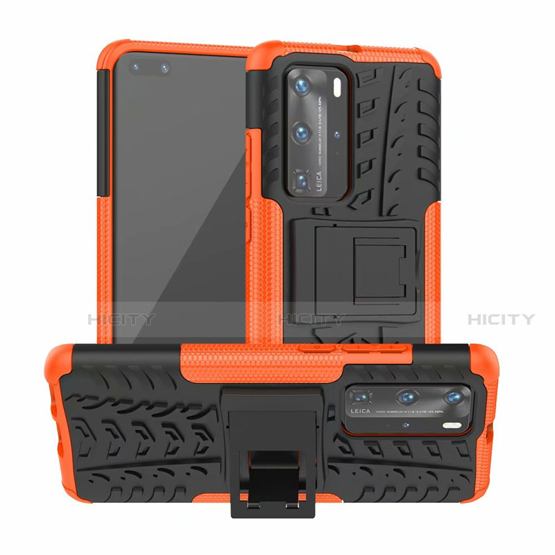 Coque Contour Silicone et Plastique Housse Etui Mat avec Support R01 pour Huawei P40 Pro Orange Plus