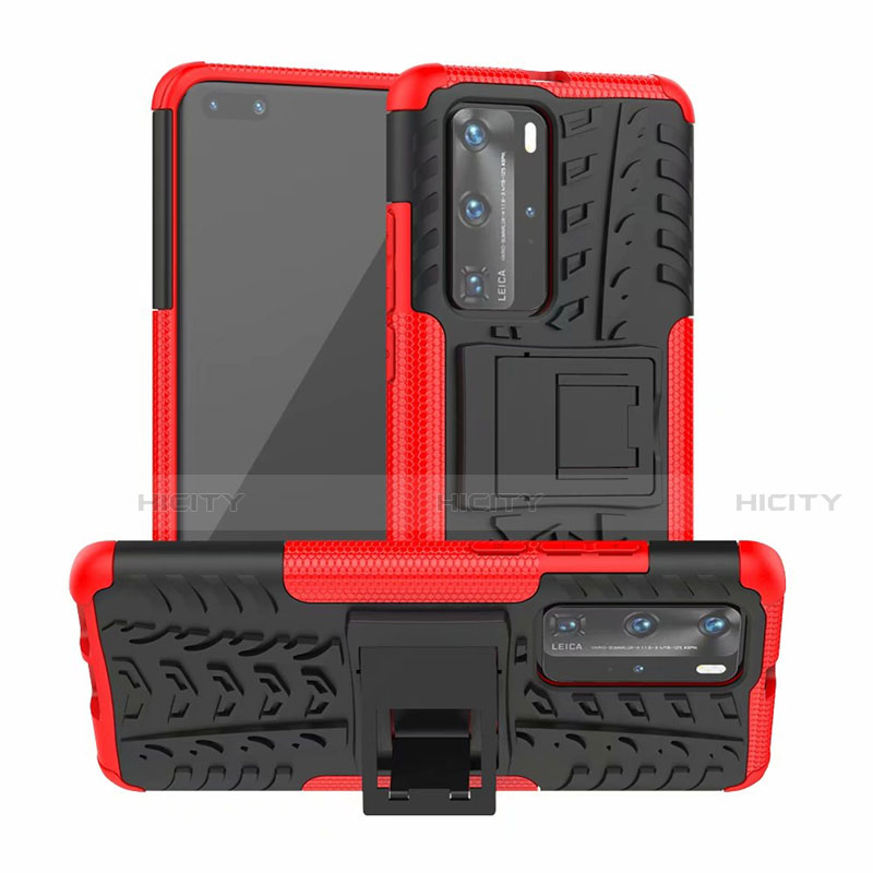 Coque Contour Silicone et Plastique Housse Etui Mat avec Support R01 pour Huawei P40 Pro Rouge Plus