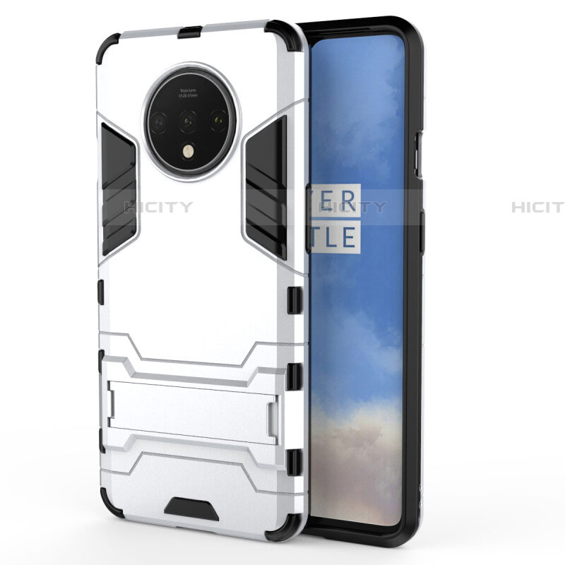 Coque Contour Silicone et Plastique Housse Etui Mat avec Support R01 pour OnePlus 7T Blanc Plus