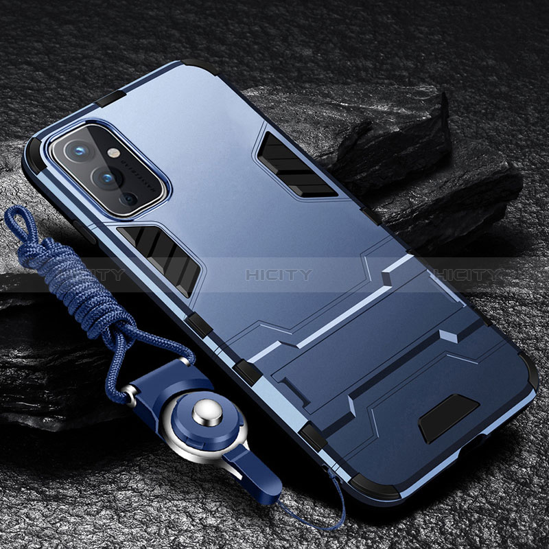 Coque Contour Silicone et Plastique Housse Etui Mat avec Support R01 pour OnePlus 9 5G Bleu Plus