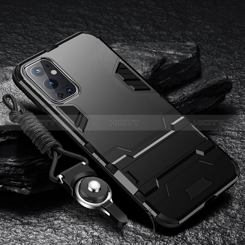 Coque Contour Silicone et Plastique Housse Etui Mat avec Support R01 pour OnePlus 9 Pro 5G Noir Plus