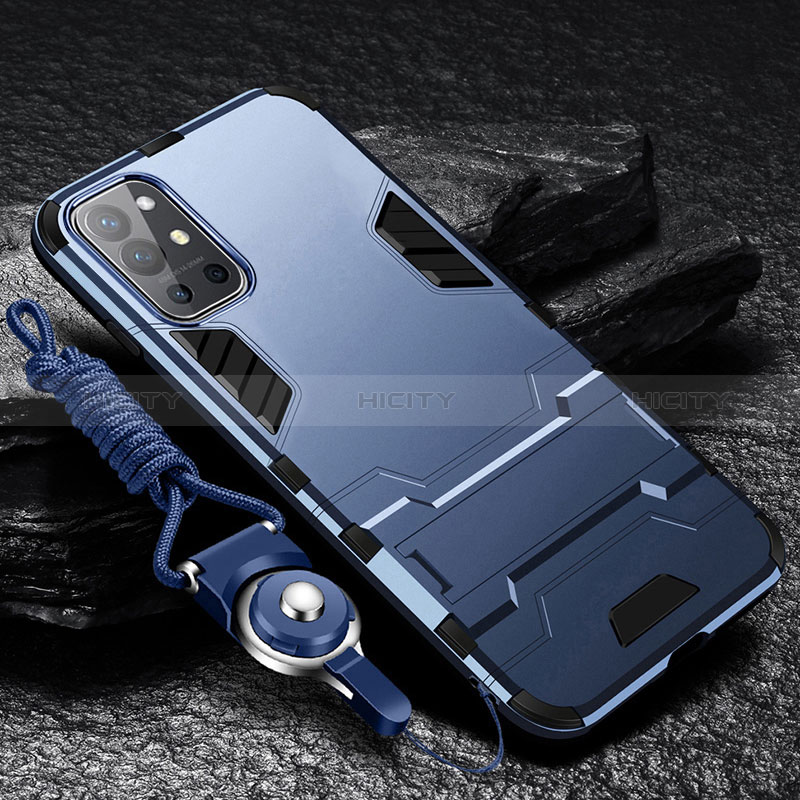 Coque Contour Silicone et Plastique Housse Etui Mat avec Support R01 pour OnePlus 9R 5G Bleu Plus