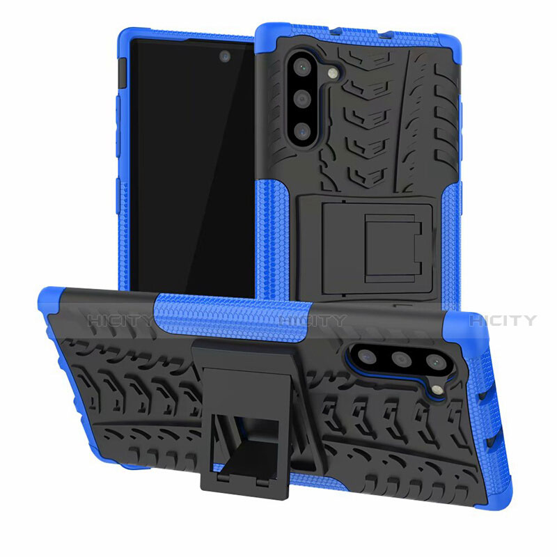 Coque Contour Silicone et Plastique Housse Etui Mat avec Support R01 pour Samsung Galaxy Note 10 Bleu Plus