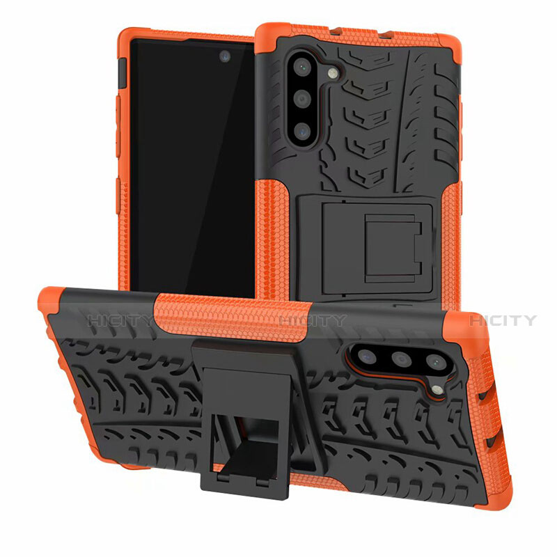 Coque Contour Silicone et Plastique Housse Etui Mat avec Support R01 pour Samsung Galaxy Note 10 Orange Plus