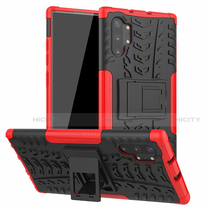 Coque Contour Silicone et Plastique Housse Etui Mat avec Support R01 pour Samsung Galaxy Note 10 Plus 5G Rouge Plus