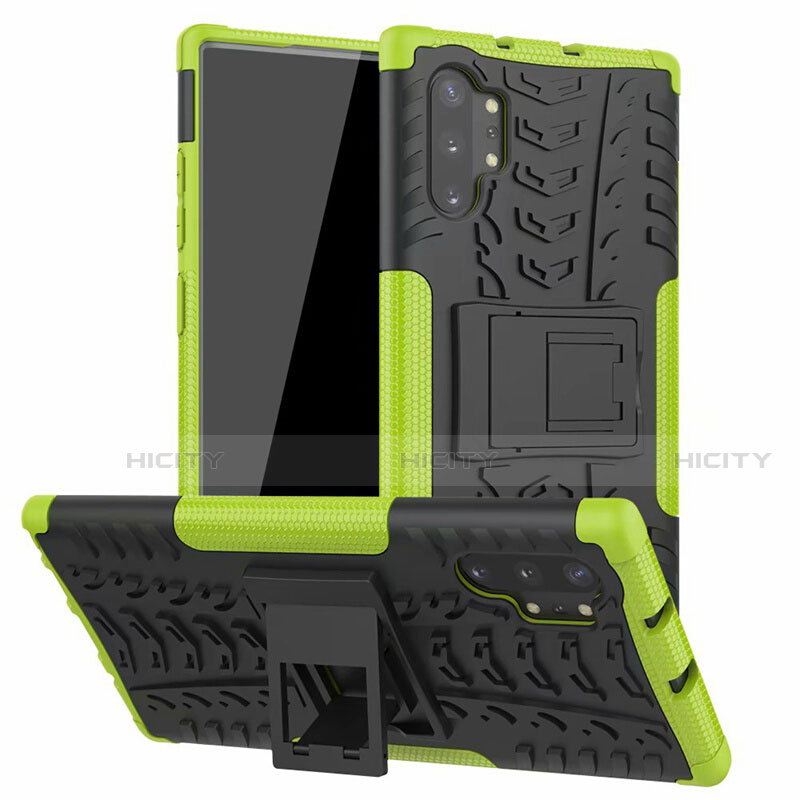 Coque Contour Silicone et Plastique Housse Etui Mat avec Support R01 pour Samsung Galaxy Note 10 Plus 5G Vert Plus