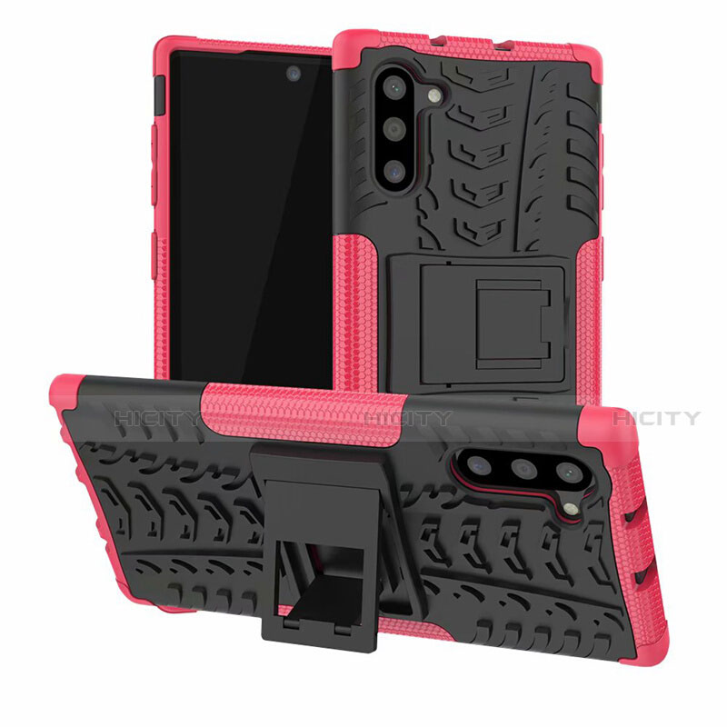 Coque Contour Silicone et Plastique Housse Etui Mat avec Support R01 pour Samsung Galaxy Note 10 Rose Rouge Plus