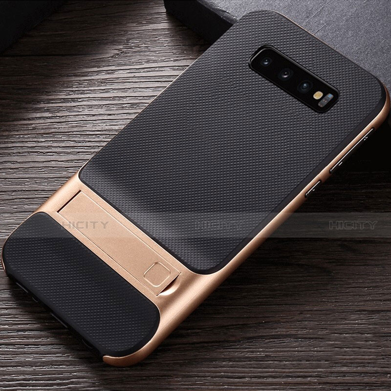 Coque Contour Silicone et Plastique Housse Etui Mat avec Support R01 pour Samsung Galaxy S10 5G Or Plus