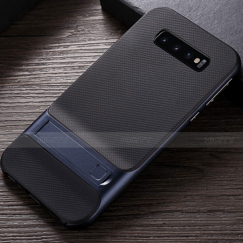 Coque Contour Silicone et Plastique Housse Etui Mat avec Support R01 pour Samsung Galaxy S10 Bleu Plus