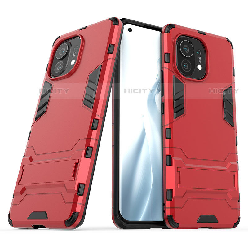 Coque Contour Silicone et Plastique Housse Etui Mat avec Support R01 pour Xiaomi Mi 11 5G Rouge Plus