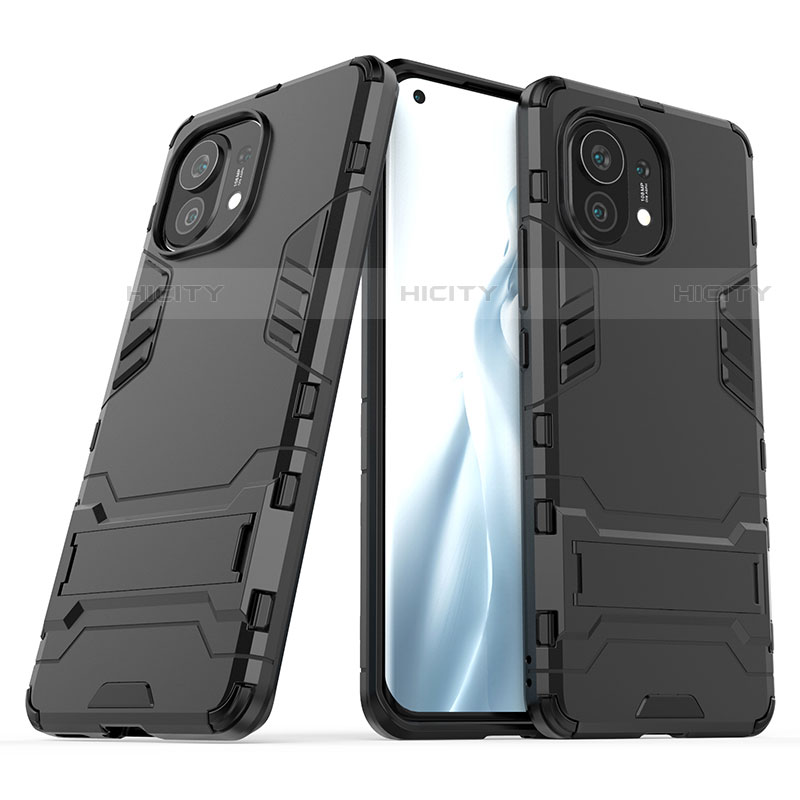 Coque Contour Silicone et Plastique Housse Etui Mat avec Support R01 pour Xiaomi Mi 11 Lite 5G NE Noir Plus