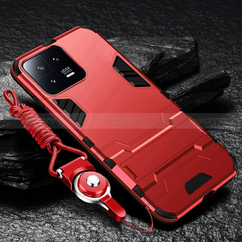 Coque Contour Silicone et Plastique Housse Etui Mat avec Support R01 pour Xiaomi Mi 13 5G Rouge Plus