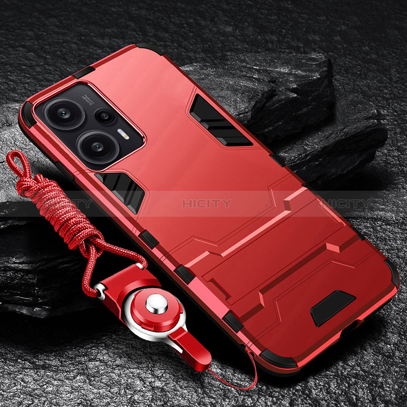 Coque Contour Silicone et Plastique Housse Etui Mat avec Support R01 pour Xiaomi Poco F5 5G Rouge Plus