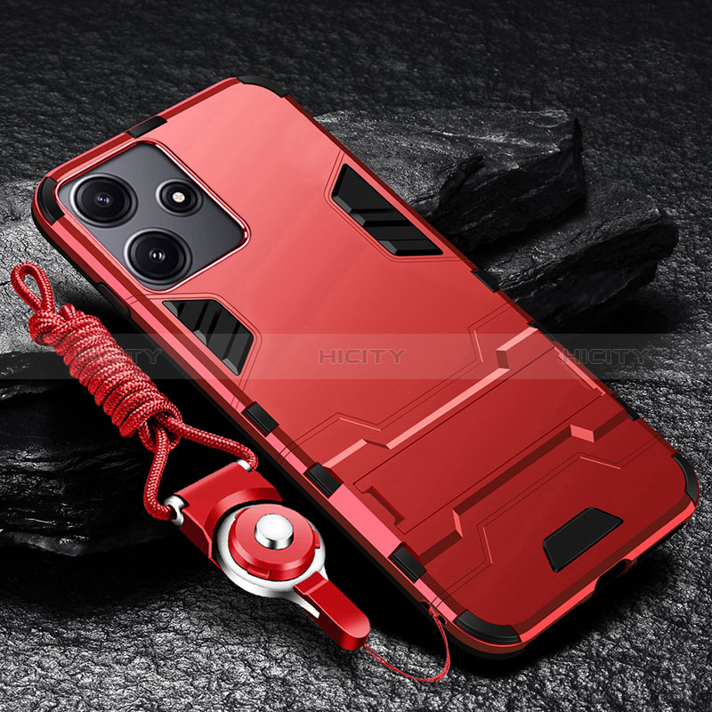 Coque Contour Silicone et Plastique Housse Etui Mat avec Support R01 pour Xiaomi Poco M6 Pro 5G Rouge Plus