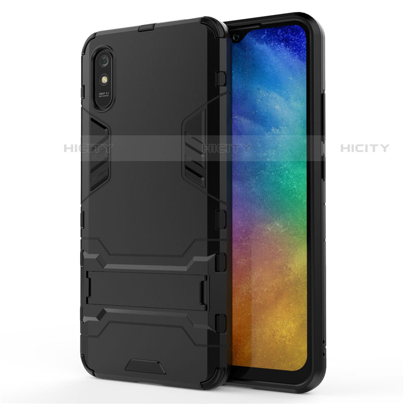 Coque Contour Silicone et Plastique Housse Etui Mat avec Support R01 pour Xiaomi Redmi 9A Noir Plus