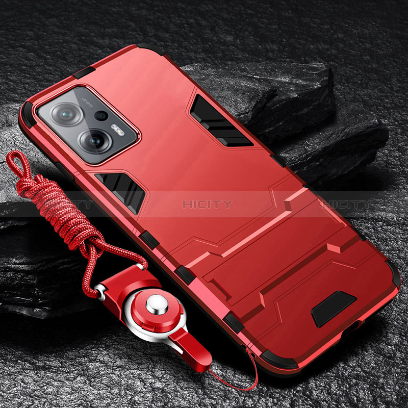 Coque Contour Silicone et Plastique Housse Etui Mat avec Support R01 pour Xiaomi Redmi Note 11T Pro 5G Rouge Plus