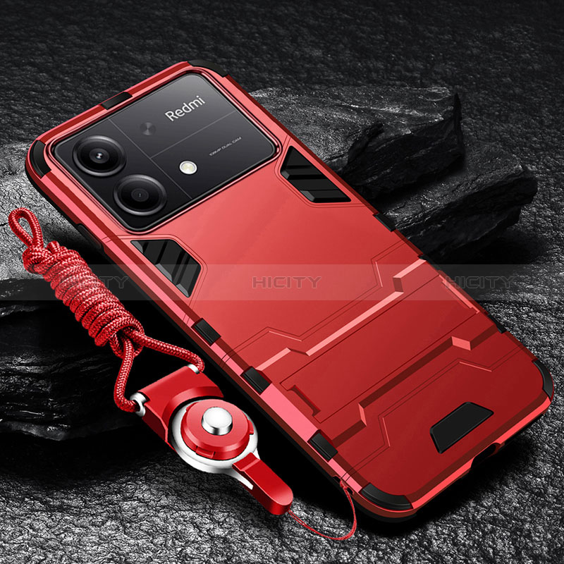 Coque Contour Silicone et Plastique Housse Etui Mat avec Support R01 pour Xiaomi Redmi Note 13R Pro 5G Rouge Plus