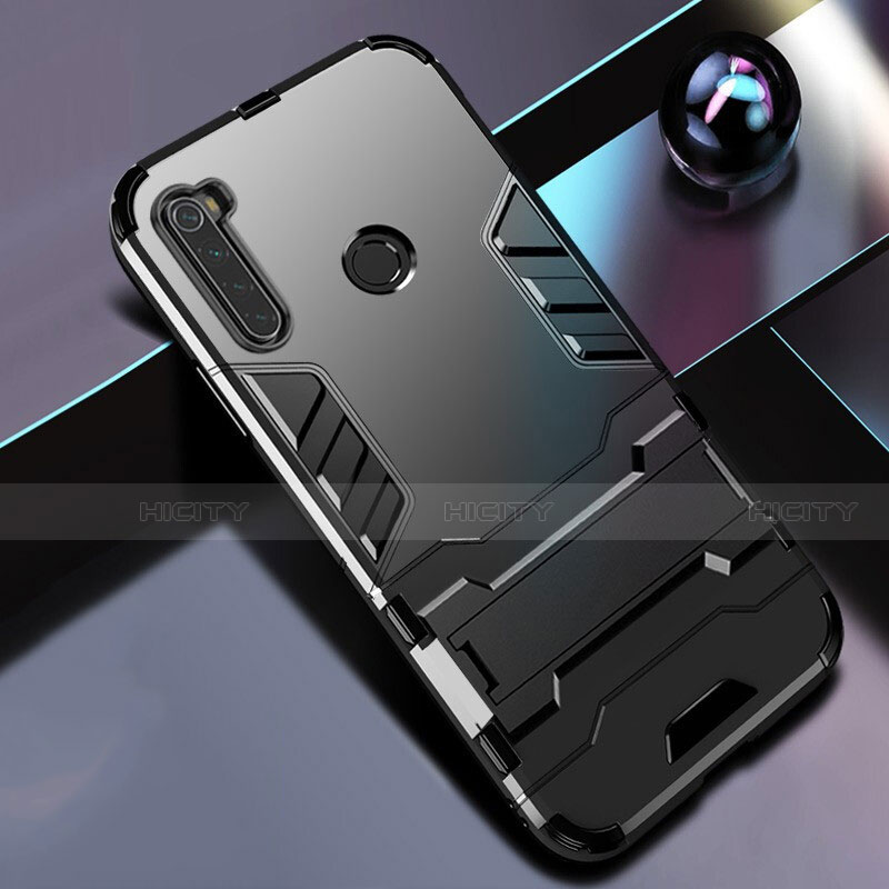 Coque Contour Silicone et Plastique Housse Etui Mat avec Support R01 pour Xiaomi Redmi Note 8 (2021) Noir Plus