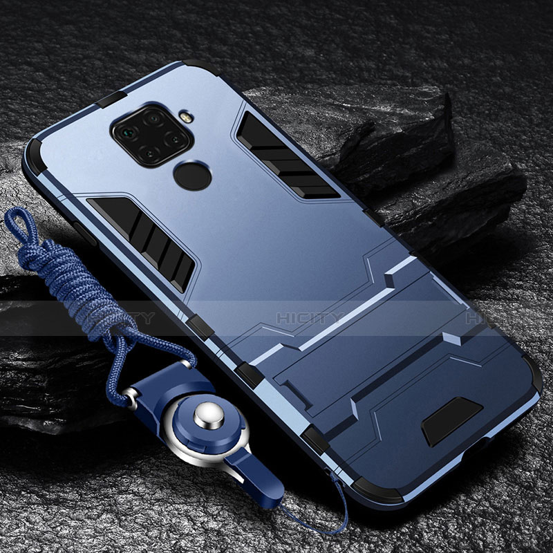 Coque Contour Silicone et Plastique Housse Etui Mat avec Support R01 pour Xiaomi Redmi Note 9 Bleu Plus