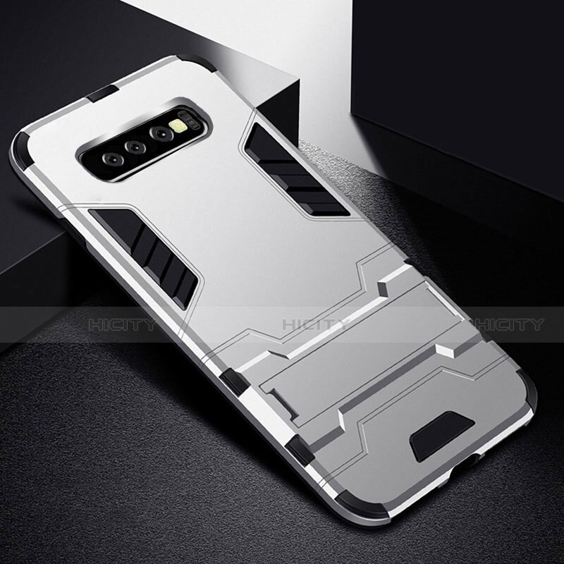 Coque Contour Silicone et Plastique Housse Etui Mat avec Support R02 pour Samsung Galaxy S10 5G Argent Plus