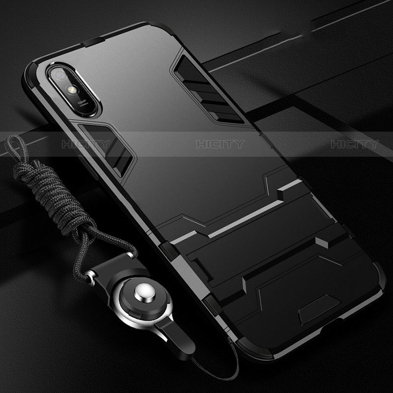 Coque Contour Silicone et Plastique Housse Etui Mat avec Support R02 pour Xiaomi Redmi 9A Noir Plus