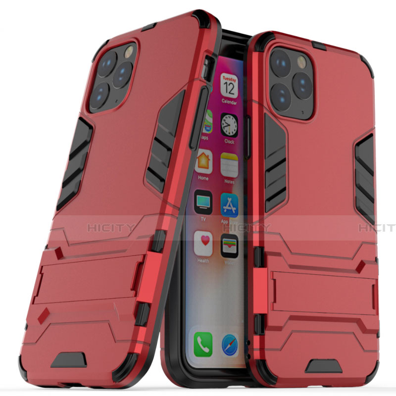 Coque Contour Silicone et Plastique Housse Etui Mat avec Support R03 pour Apple iPhone 11 Pro Rouge Plus