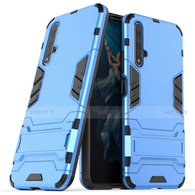 Coque Contour Silicone et Plastique Housse Etui Mat avec Support R03 pour Huawei Honor 20 Bleu Ciel Plus