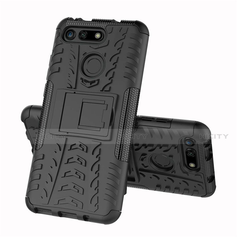 Coque Contour Silicone et Plastique Housse Etui Mat avec Support R03 pour Huawei Honor V20 Noir Plus