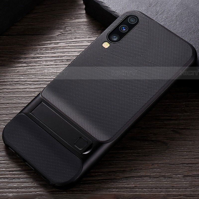 Coque Contour Silicone et Plastique Housse Etui Mat avec Support R03 pour Samsung Galaxy A70 Noir Plus