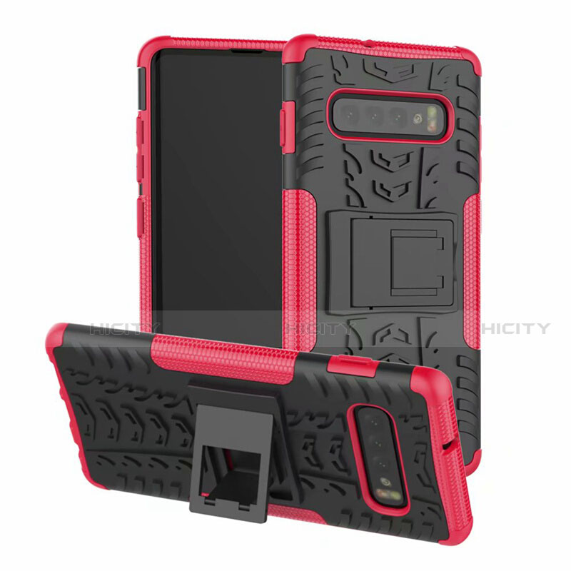 Coque Contour Silicone et Plastique Housse Etui Mat avec Support R03 pour Samsung Galaxy S10 5G Rose Rouge Plus