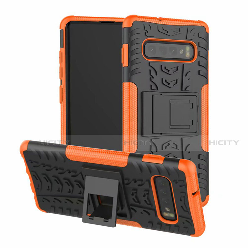 Coque Contour Silicone et Plastique Housse Etui Mat avec Support R03 pour Samsung Galaxy S10 Orange Plus