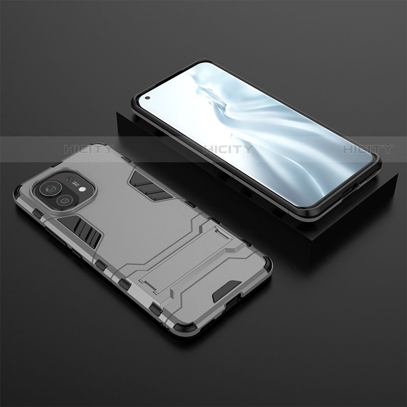 Coque Contour Silicone et Plastique Housse Etui Mat avec Support R03 pour Xiaomi Mi 11 5G Gris Plus