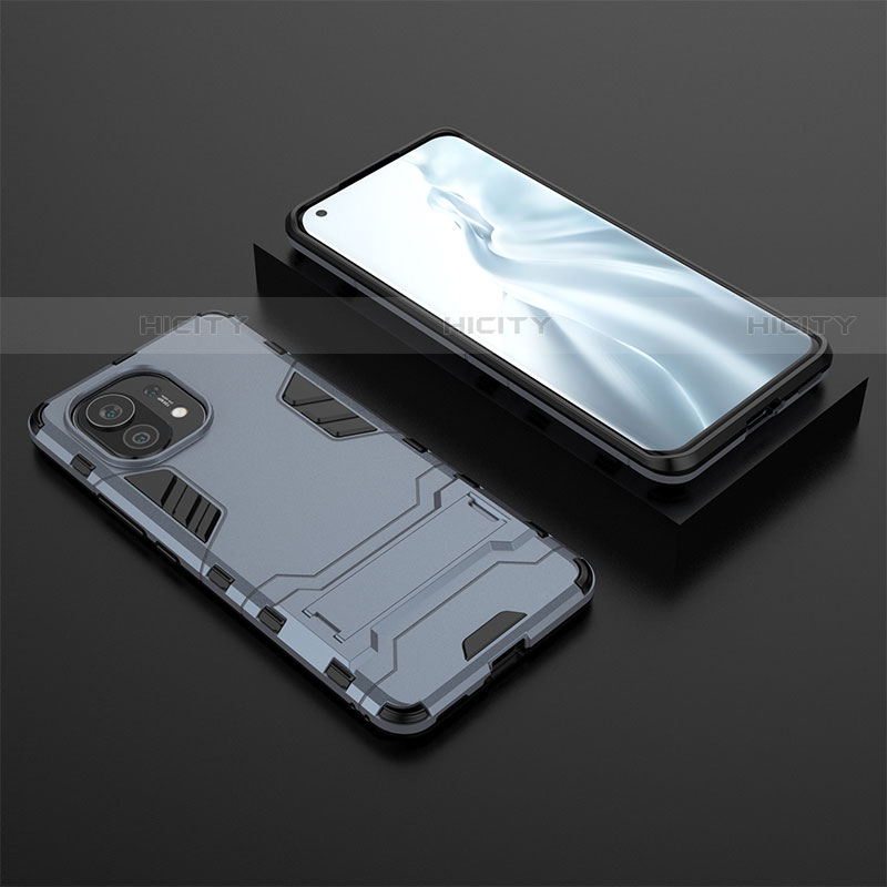 Coque Contour Silicone et Plastique Housse Etui Mat avec Support R03 pour Xiaomi Mi 11 Lite 5G Bleu Plus