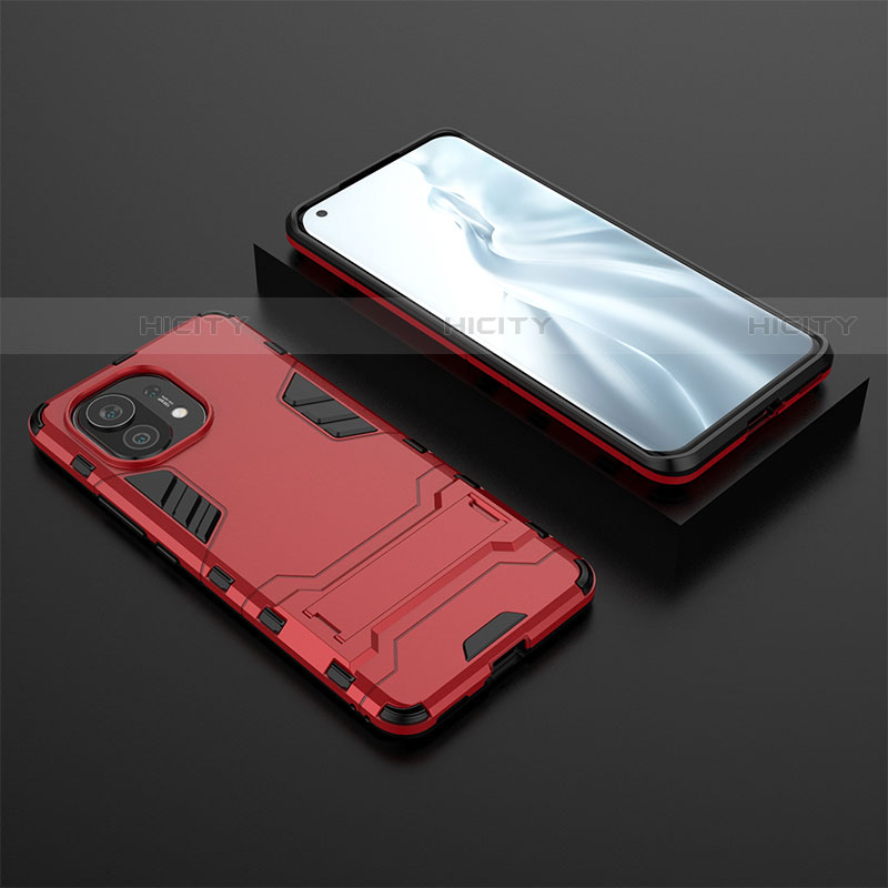 Coque Contour Silicone et Plastique Housse Etui Mat avec Support R03 pour Xiaomi Mi 11 Lite 5G Rouge Plus