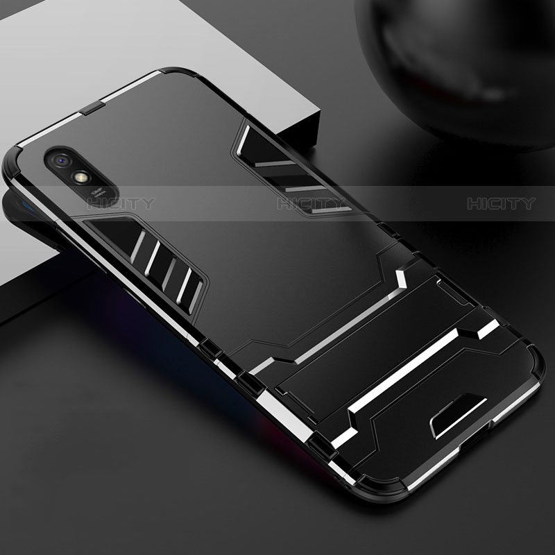 Coque Contour Silicone et Plastique Housse Etui Mat avec Support R03 pour Xiaomi Redmi 9A Noir Plus