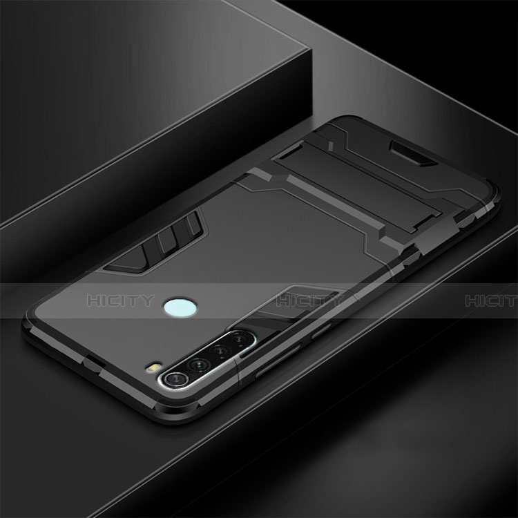 Coque Contour Silicone et Plastique Housse Etui Mat avec Support R03 pour Xiaomi Redmi Note 8 (2021) Noir Plus