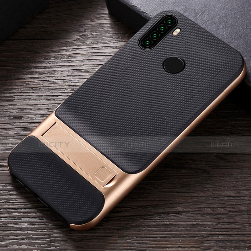 Coque Contour Silicone et Plastique Housse Etui Mat avec Support R04 pour Xiaomi Redmi Note 8 (2021) Or Plus