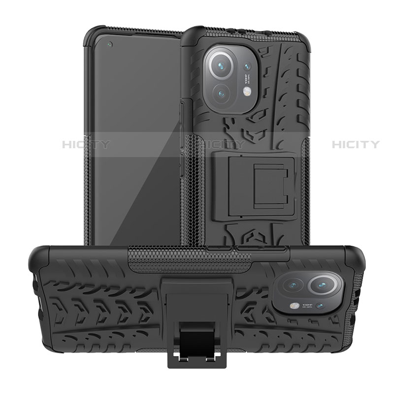 Coque Contour Silicone et Plastique Housse Etui Mat avec Support R06 pour Xiaomi Mi 11 5G Noir Plus