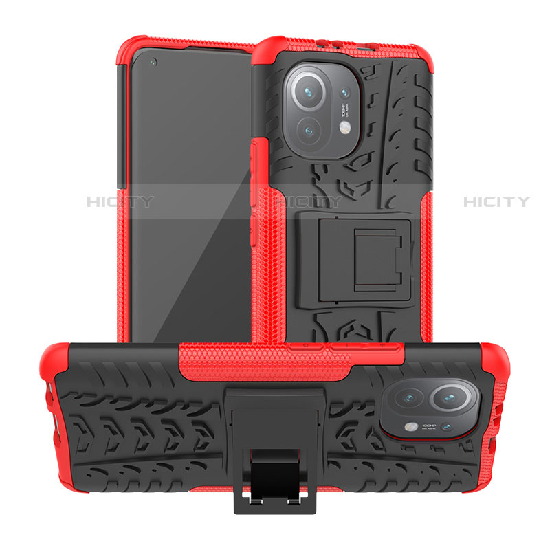 Coque Contour Silicone et Plastique Housse Etui Mat avec Support R06 pour Xiaomi Mi 11 Lite 4G Rouge Plus