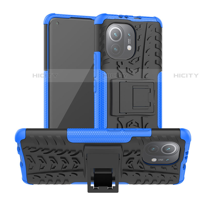 Coque Contour Silicone et Plastique Housse Etui Mat avec Support R06 pour Xiaomi Mi 11 Lite 5G NE Bleu Plus