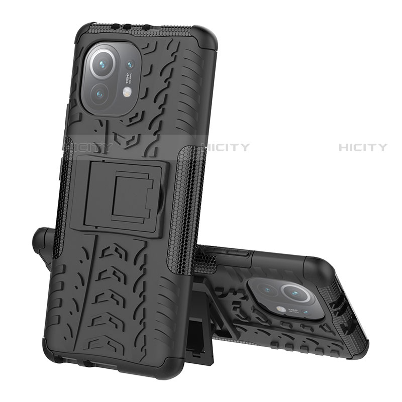 Coque Contour Silicone et Plastique Housse Etui Mat avec Support R07 pour Xiaomi Mi 11 5G Noir Plus