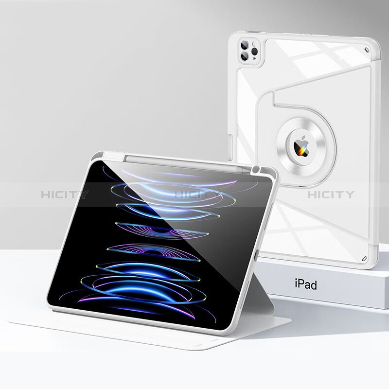 Coque Contour Silicone et Plastique Housse Etui Mat avec Support S01 pour Apple iPad Pro 12.9 (2022) Blanc Plus