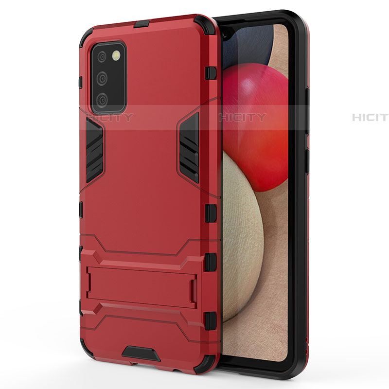 Coque Contour Silicone et Plastique Housse Etui Mat avec Support T01 pour Samsung Galaxy A03s Rouge Plus