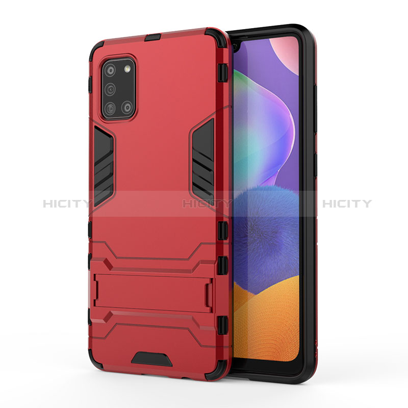 Coque Contour Silicone et Plastique Housse Etui Mat avec Support T01 pour Samsung Galaxy A31 Rouge Plus