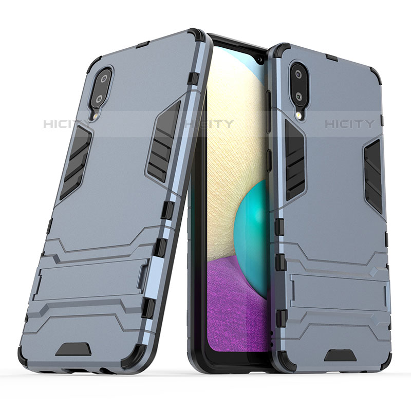 Coque Contour Silicone et Plastique Housse Etui Mat avec Support T01 pour Samsung Galaxy M02 Bleu Plus