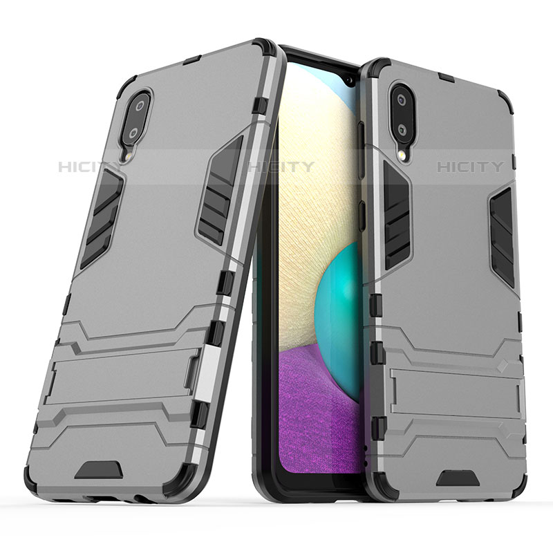 Coque Contour Silicone et Plastique Housse Etui Mat avec Support T01 pour Samsung Galaxy M02 Gris Plus