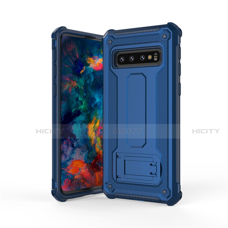 Coque Contour Silicone et Plastique Housse Etui Mat avec Support T01 pour Samsung Galaxy S10 5G Bleu Plus