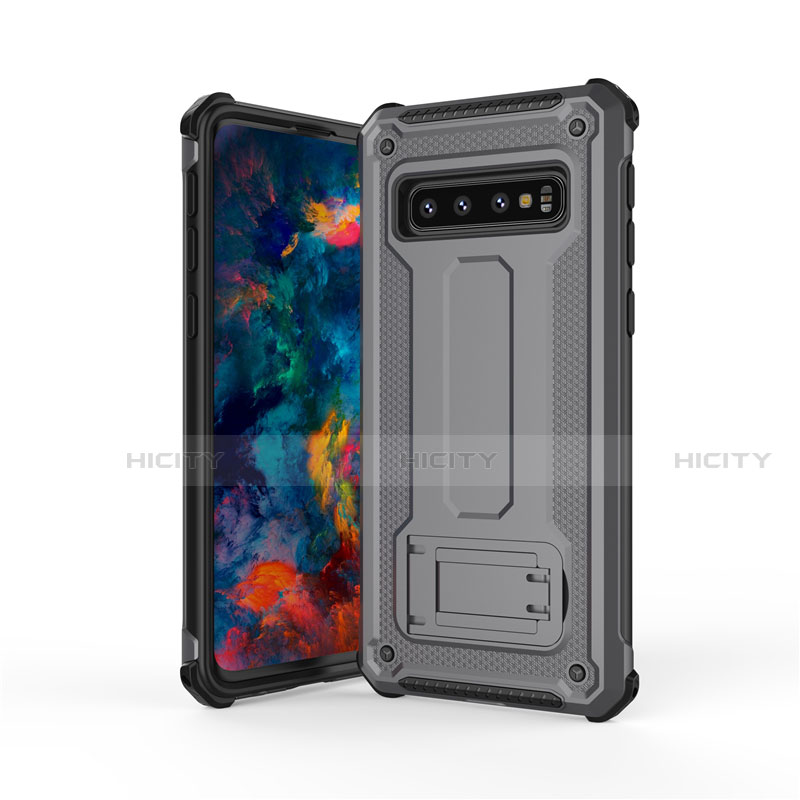 Coque Contour Silicone et Plastique Housse Etui Mat avec Support T01 pour Samsung Galaxy S10 5G Gris Plus